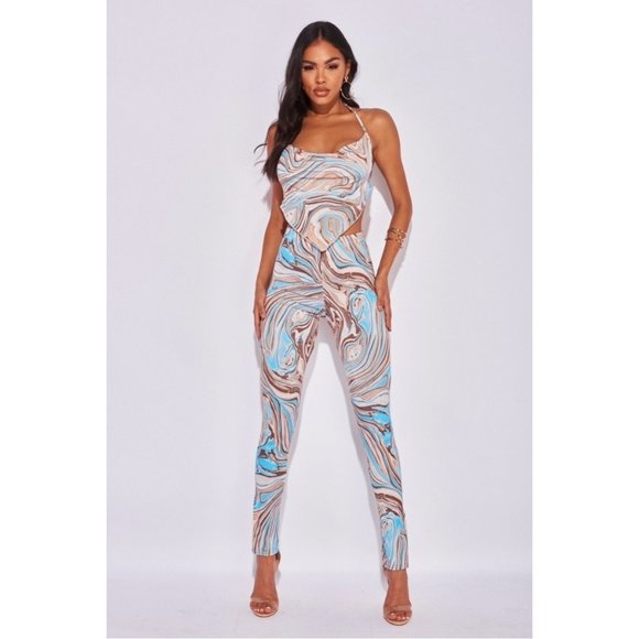 Blue Marble Print Sleeveless Backless Crop Top and Leggings Pants Two Piece Set - Picture 2 of 16